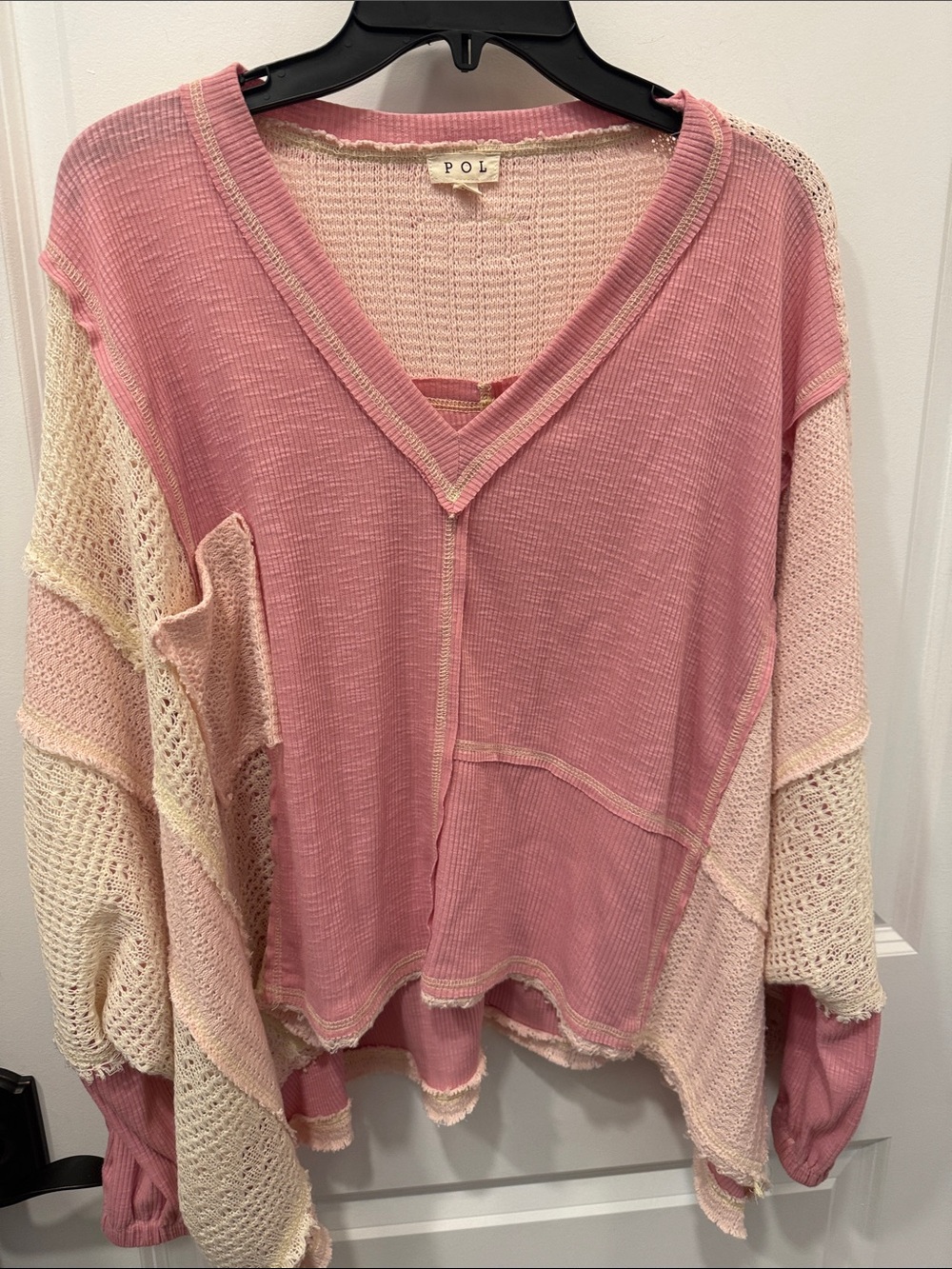 POL Pink and Cream Patchwork V-Neck Sweater